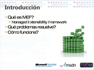 Qué es MEF? M anaged  E xtensibility  F ramework  Qué problemas resuelve? Cómo funciona? 