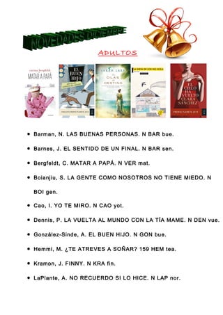 ADULTOS

•

Barman, N. LAS BUENAS PERSONAS. N BAR bue.

•

Barnes, J. EL SENTIDO DE UN FINAL. N BAR sen.

•

Bergfeldt, C. MATAR A PAPÁ. N VER mat.

•

Boianjiu, S. LA GENTE COMO NOSOTROS NO TIENE MIEDO. N
BOI gen.

•

Cao, I. YO TE MIRO. N CAO yot.

•

Dennis, P. LA VUELTA AL MUNDO CON LA TÍA MAME. N DEN vue.

•

González-Sinde, A. EL BUEN HIJO. N GON bue.

•

Hemmi, M. ¿TE ATREVES A SOÑAR? 159 HEM tea.

•

Kramon, J. FINNY. N KRA fin.

•

LaPlante, A. NO RECUERDO SI LO HICE. N LAP nor.

 