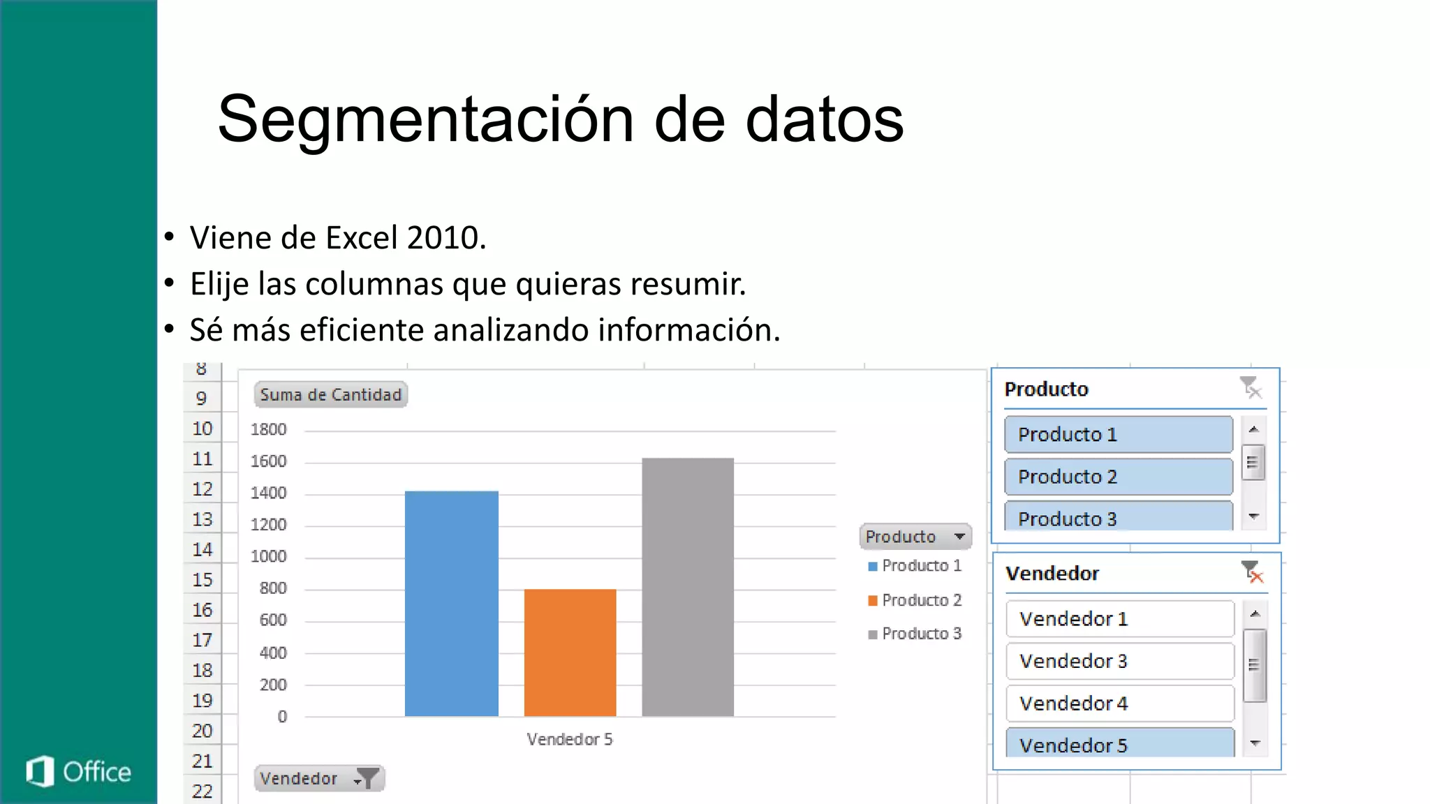 Segmentación de datos
• Viene de Excel 2010.
• Elije las columnas que quieras resumir.
• Sé más eficiente analizando información.
 