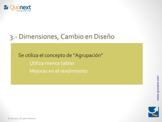 3.- Dimensiones, Cambio en Diseño

    - Se utiliza el concepto de “Agrupación”
        - Utiliza menos tablas
        - Mejoras en el rendimiento




                                               www.quonext.com
© Quonext, all rights reserved
 