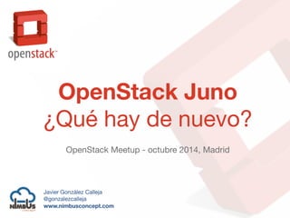 OpenStack Juno 
¿Qué hay de nuevo? 
! 
OpenStack Meetup - octubre 2014, Madrid 
Javier González Calleja 
@gonzalezcalleja 
www.nimbusconcept.com 
 