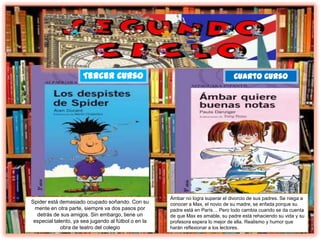 Spider está demasiado ocupado soñando. Con su
mente en otra parte, siempre va dos pasos por
detrás de sus amigos. Sin embargo, tiene un
especial talento, ya sea jugando al fútbol o en la
obra de teatro del colegio
Tercer Curso Cuarto Curso
Ámbar no logra superar el divorcio de sus padres. Se niega a
conocer a Max, el novio de su madre, se enfada porque su
padre está en París… Pero todo cambia cuando se da cuenta
de que Max es amable, su padre está rehaciendo su vida y su
profesora espera lo mejor de ella. Realismo y humor que
harán reflexionar a los lectores.
 