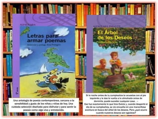 Una antología de poesía contemporánea, cercana a la
sensibilidad y gusto de los niños y niñas de hoy. Una
cuidada selección diseñada para disfrutar y para sentir la
poesía como algo vivo y entretenido.
Si la noche antes de tu cumpleaños te acuestas con el pie
izquierdo y le das la vuelta a la almohada antes de
dormirte, puede suceder cualquier cosa… »
Eso fue exactamente lo que hizo Dulcie y, cuando despertó el
día de su cumpleaños, se vio envuelta en una maravillosa
aventura en busca del árbol de los deseos. Pero ¿qué ocurre
cuando nuestros deseos son egoístas?
 