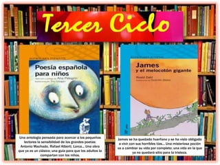 Una antología pensada para acercar a los pequeños
lectores la sensibilidad de los grandes poetas:
Antonio Machado, Rafael Alberti, Lorca... Una obra
que ya es un clásico; una guía para que los adultos la
compartan con los niños.
James se ha quedado huerfano y se ha visto obligado
a vivir con sus horribles tías... Una misteriosa poción
va a cambiar su vida por completo; una vida en la que
ya no quedará sitio para la tristeza.
 