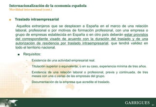 61
■ Traslado intraempresarial
Aquellos extranjeros que se desplacen a España en el marco de una relación
laboral, profesional o por motivos de formación profesional, con una empresa o
grupo de empresas establecida en España o en otro país deberán estar provistos
del correspondiente visado de acuerdo con la duración del traslado y de una
autorización de residencia por traslado intraempresarial, que tendrá validez en
todo el territorio nacional.
■ Requisitos:
- Existencia de una actividad empresarial real.
- Titulación superior o equivalente, o en su caso, experiencia mínima de tres años.
- Existencia de una relación laboral o profesional, previa y continuada, de tres
meses con una o varias de las empresas del grupo.
- Documentación de la empresa que acredite el traslado.
Internacionalización de la economía española
Movilidad internacional (cont.)
 