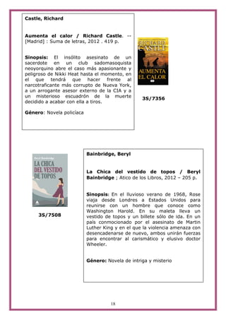 Castle, Richard


Aumenta el calor / Richard Castle. --
[Madrid] : Suma de letras, 2012 . 419 p.


Sinopsis: El insólito asesinato de un
sacerdote en un club sadomasoquista
neoyorquino abre el caso más apasionante y
peligroso de Nikki Heat hasta el momento, en
el que tendrá que hacer frente al
narcotraficante más corrupto de Nueva York,
a un arrogante asesor externo de la CIA y a
un misterioso escuadrón de la muerte
                                                  3S/7356
decidido a acabar con ella a tiros.

Género: Novela policíaca




                           Bainbridge, Beryl


                           La Chica del vestido de topos / Beryl
                           Bainbridge ; Atico de los Libros, 2012 – 205 p.


                           Sinopsis: En el lluvioso verano de 1968, Rose
                           viaja desde Londres a Estados Unidos para
                           reunirse con un hombre que conoce como
                           Washington Harold. En su maleta lleva un
     3S/7508               vestido de topos y un billete sólo de ida. En un
                           país conmocionado por el asesinato de Martin
                           Luther King y en el que la violencia amenaza con
                           desencadenarse de nuevo, ambos unirán fuerzas
                           para encontrar al carismático y elusivo doctor
                           Wheeler.


                           Género: Novela de intriga y misterio




                                     18
 