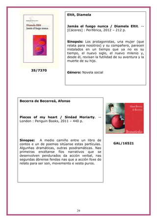 Eltit, Diamela


                           Jamás el fuego nunca / Diamela Eltit. --
                           [Cáceres] : Periférica, 2012 – 212 p.


                           Sinopsis: Los protagonistas, una mujer (que
                           relata para nosotros) y su compañero, parecen
                           instalados en un tiempo que ya no es su
                           tiempo, el nuevo siglo, el nuevo milenio y,
                           desde él, revisan la futilidad de su aventura y la
                           muerte de su hijo.


      3S/7370
                           Género: Novela social




Becerra de Becerreá, Afonso




Pieces of my heart / Sinéad Moriarty. --
London : Penguin Books, 2011 – 440 p.




Sinopse:     A medio camiño entre un libro de
contos e un de poemas sitúanse estas partículas.         GAL/16521
Algunhas dramáticas, outras posdramáticas. Nas
primeiras encétanse fíos narrativos que se
desenvolven pendurados da acción verbal, nas
segundas ábrense fendas nas que a acción foxe do
relato para ser son, movemento e xesto puros.




                                 29
 