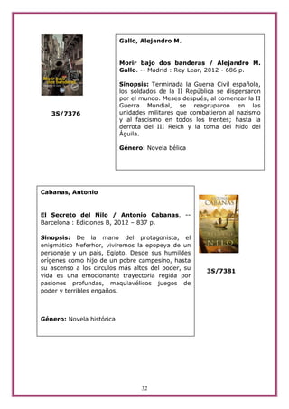Gallo, Alejandro M.


                           Morir bajo dos banderas / Alejandro M.
                           Gallo. -- Madrid : Rey Lear, 2012 - 686 p.

                           Sinopsis: Terminada la Guerra Civil española,
                           los soldados de la II República se dispersaron
                           por el mundo. Meses después, al comenzar la II
                           Guerra Mundial, se reagruparon en las
   3S/7376                 unidades militares que combatieron al nazismo
                           y al fascismo en todos los frentes; hasta la
                           derrota del III Reich y la toma del Nido del
                           Águila.

                           Género: Novela bélica




Cabanas, Antonio


El Secreto del Nilo / Antonio Cabanas. --
Barcelona : Ediciones B, 2012 – 837 p.

Sinopsis: De la mano del protagonista, el
enigmático Neferhor, viviremos la epopeya de un
personaje y un país, Egipto. Desde sus humildes
orígenes como hijo de un pobre campesino, hasta
su ascenso a los círculos más altos del poder, su
                                                       3S/7381
vida es una emocionante trayectoria regida por
pasiones profundas, maquiavélicos juegos de
poder y terribles engaños.



Género: Novela histórica




                                  32
 