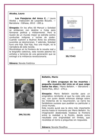 Alcoba, Laura

     Los Pasajeros del Anna C. / Laura
Alcoba ; traducción de Leopoldo Bizuela. --
Barcelona : Edhasa, 2012 - 285 p.

Sinopsis: En los años 60 Manuel y Soledad
se embarcan con destino a Cuba para
formarse política y militarmente. Pero la
ilusión de un mundo mejor se estrella contra
conductas indignas y luchas de poder.
Cuando vuelven a Buenos Aires los anhelos
juveniles se desmoronan. Y además, Soledad
tuvo una hija. Esa hija, hoy una mujer, es la
narradora de esta novela.
Moviéndose en la frontera de la novela real y
la biografía colectiva, esta novela plasma los
anhelos y temores de una generación que se
entregó a la militancia revolucionaria.                3S/7543


Género: Novela histórica




                                Bellatin, Mario

                                     El Libro uruguayo de los muertos :
                                pequeña muestra del vicio en el que caigo
                                todos los días / Mario Bellatin. -- Barcelona :
                                Sexto Piso, 2012 - 276 p.

                                Sinopsis: Mario Bellatin escribe para un
                                enigmático remitente al que ha visto sólo una
                                vez, con quien desde entonces dialoga sobre
                                los misterios de la resurrección. Le narra los
                                fantásticos sucesos que pueblan su particular y
                                único mundo.
                                Esta novela quizá sea la obra más importante
                                escrita hasta el momento por Mario Bellatin. Su
                                imaginación desbordada trastoca la frontera
         3M/31191               entre la realidad y la ficción, dando como
                                resultado una originalidad sin límites, que
                                revolotea en torno a preguntas sin respuesta.


                                Género: Novela filosófica
                                       9
 