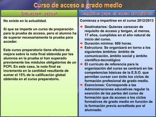 No existe en la actualidad.                   Comienza a impartirse en el curso 2012/2013
                                                Destinatarios: Quienes carezcan de
Sí que se imparte un curso de preparación
                                                requisito de acceso y tengan, al menos,
para la prueba de acceso, pero el alumno ha
                                                17 años, cumplidos en el año natural de
de superar necesariamente la prueba para
                                                inicio del curso.
acceder.
                                                Duración mínima: 600 horas.
                                                Estructura: Se organizará en torno a los
Este curso preparatorio tiene efectos de
                                                siguientes ámbitos: ámbito de
mejora sobre la nota final obtenida por los
                                                comunicación, ámbito social y ámbito
alumnos en la prueba si han superado
                                                científico-tecnológico
previamente los módulos obligatorios de un
                                                El currículo de referencia para la
PCPI. En este caso, la nota final se
                                                organización del curso se centrará en las
incrementa en la cantidad resultante de
                                                competencias básicas de la E.S.O. que
sumar el 15% de la calificación global
                                                permitan cursar con éxito los ciclos de
obtenida en el curso preparatorio.
                                                formación profesional de grado medio.
                                                Exenciones: Corresponde a las
                                                Administraciones educativas regular la
                                                exención de las partes del curso de
                                                formación que da acceso a los ciclos
                                                formativos de grado medio en función de
                                                la formación previa acreditada por el
                                                alumnado.
 