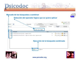 www.psicodoc.org Selección del operador lógico que se quiera aplicar Marcado de las búsquedas a combinar Ejecución de la búsqueda combinada  