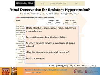 TAVIFOP INSUFICIENCIA MITRALDENERVACIÓN RENAL
Efecto placebo al ser incluido y mayor adherencia
a la medicación
Porcentaje mayor de antialdosterónicos
Sesgo en estudios previos al conocerse el grupo
asignado
¿Efectiva sólo en hiperactividad simpática?
Catéter monopolar
DENERVACIÓN RENAL
 