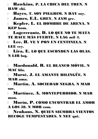  Hawkins, P. LA CHICA DEL TREN. N
HAW chi.
 Hayes, T. SOY PILGRIM. N HAY soy.
 James, E.L. GREY. N JAM gre.
 Kepler, L. EL HOMBRE DE ARENA. N
KEP hom.
 Lagercrantz, D. LO QUE NO TE MATA
TE HACE MÁS FUERTE. N LAG mil 4.
 Lee, H. VE Y PON UN CENTINELA. N
LEE vey.
 Lira, E. LO QUE ESCONDEN LAS OLAS.
N LIR loq.
 Macdonald, R. EL BLANCO MÓVIL. N
MAC bla.
 Marsé, J. EL AMANTE BILINGÜE. N
MAR ama.
 Martín, A. SOCIEDAD NEGRA. N MAR
soc.
 Martínez, A. MONTEPERDIDO. N MAR
mon.
 Morín, P. CÓMO ENCONTRAR EL AMOR
A LOS 50. N MOR com.
 Neuhaus, N. QUIEN SIEMBRA VIENTOS
RECOGE TEMPESTADES. N NEU qui.
 