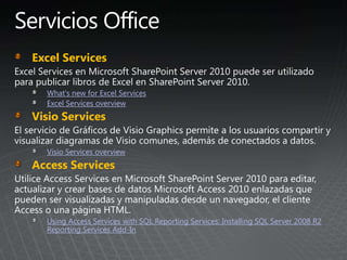 Excel Services
What's new for Excel Services
Excel Services overview
Visio Services
Visio Services overview
Access Services
Using Access Services with SQL Reporting Services: Installing SQL Server 2008 R2
Reporting Services Add-In
 