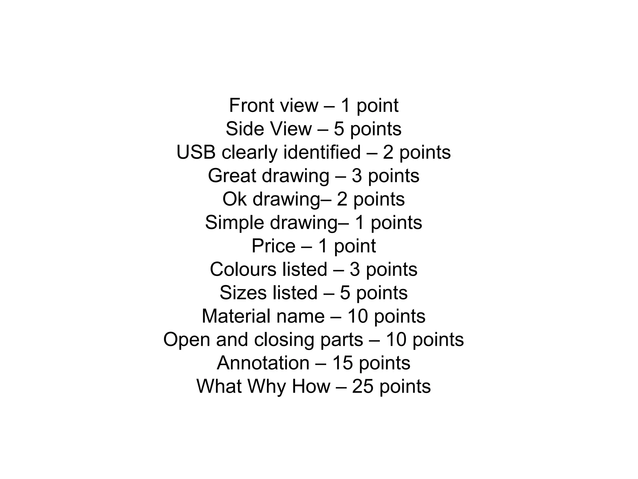 Front view – 1 point
Side View – 5 points
USB clearly identified – 2 points
Great drawing – 3 points
Ok drawing– 2 points
Simple drawing– 1 points
Price – 1 point
Colours listed – 3 points
Sizes listed – 5 points
Material name – 10 points
Open and closing parts – 10 points
Annotation – 15 points
What Why How – 25 points
 