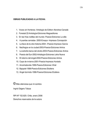 136




OBRAS PUBLICADAS A LA FECHA:




   1. Voces sin fronteras- Antología de Edition Alondras-Canadá
   2. Forestal 22-Antología-Ediciones Magoeditores
   3. En las frías rodillas del mundo- Poesía-Ediciones La silla
   4. A puertas cerradas- 2005-Ensayo- Impresos Concepción
   5. La llave de la otra historia-2004 –Poesía-Impresos García
   6. Naúfragos en la ciudad-2003-Poesía-Ediciones Antros
   7. La extraña barca del olvido-2003-Poesía-Ediciones Antros
   8. Poesía del Sur-2002-Antología-Ediciones Letra Nueva
   9. El retorno del ángel-2002-Poesía-Ediciones Antros
   10. Copa de invierno-2001-Poesía-Impresos Hurtado
   11. Arcoirisdevida-1999-Poesía-Ediciones Vitral
   12. Bajopiel-1998-Poesía-Ediciones Etcétera
   13. Ángel dormido-1998-Poesía-Ediciones Etcétera




© Más silenciosa que mi sombra
Ingrid Odgers Toloza


RPI Nº 152.825- Chile, enero 2006
Derechos reservados de la autora
 