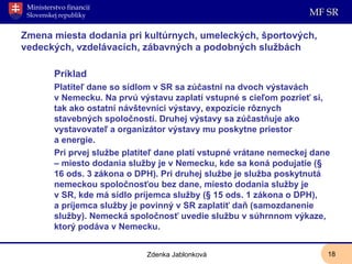 Zmena miesta dodania pri kultúrnych, umeleckých, športových, vedeckých, vzdelávacích, zábavných a podobných službách  Príklad Platiteľ dane so sídlom v SR sa zúčastní na dvoch výstavách v Nemecku. Na prvú výstavu zaplatí vstupné s cieľom pozrieť si, tak ako ostatní návštevníci výstavy, expozície rôznych stavebných spoločností. Druhej výstavy sa zúčastňuje ako vystavovateľ a organizátor výstavy mu poskytne priestor a energie.  Pri prvej službe platiteľ dane platí vstupné vrátane nemeckej dane – miesto dodania služby je v Nemecku, kde sa koná podujatie (§ 16 ods. 3 zákona o DPH). Pri druhej službe je služba poskytnutá nemeckou spoločnosťou bez dane, miesto dodania služby je v SR, kde má sídlo príjemca služby (§ 15 ods. 1 zákona o DPH), a príjemca služby je povinný v SR zaplatiť daň (samozdanenie služby). Nemecká spoločnosť uvedie službu v súhrnnom výkaze, ktorý podáva v Nemecku. Zdenka Jablonková 