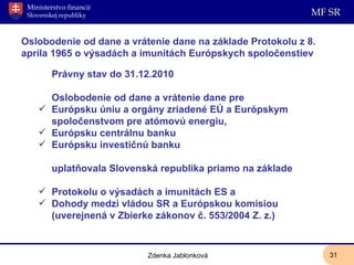 Oslobodenie od dane a vrátenie dane na základe Protokolu z 8. apríla 1965 o výsadách a imunitách Európskych spoločenstiev Právny stav do 31.12.2010 Oslobodenie od dane a vrátenie dane pre  Európsku úniu a orgány zriadené EÚ a Európskym spoločenstvom pre atómovú energiu,  Európsku centrálnu banku  Európsku investičnú banku  uplatňovala Slovenská republika priamo na základe Protokolu o výsadách a imunitách ES a Dohody medzi vládou SR a Európskou komisiou (uverejnená v Zbierke zákonov č. 553/2004 Z. z.) Zdenka Jablonková 