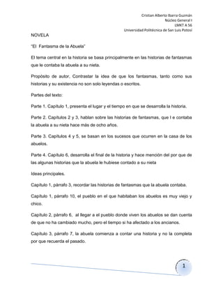 Cristian Alberto Ibarra Guzmán
                                                                           Núcleo General I
                                                                                 LMKT A 56
                                                  Universidad Politécnica de San Luis Potosí
NOVELA

“El Fantasma de la Abuela”

El tema central en la historia se basa principalmente en las historias de fantasmas
que le contaba la abuela a su nieta.

Propósito de autor, Contrastar la idea de que los fantasmas, tanto como sus
historias y su existencia no son solo leyendas o escritos.

Partes del texto:

Parte 1. Capítulo 1, presenta el lugar y el tiempo en que se desarrolla la historia.

Parte 2. Capítulos 2 y 3, hablan sobre las historias de fantasmas, que l e contaba
la abuela a su nieta hace más de ocho años.

Parte 3. Capítulos 4 y 5, se basan en los sucesos que ocurren en la casa de los
abuelos.

Parte 4. Capítulo 6, desarrolla el final de la historia y hace mención del por que de
las algunas historias que la abuela le hubiese contado a su nieta

Ideas principales.

Capítulo 1, párrafo 3, recordar las historias de fantasmas que la abuela contaba.

Capítulo 1, párrafo 10, el pueblo en el que habitaban los abuelos es muy viejo y
chico.

Capítulo 2, párrafo 6, al llegar a el pueblo donde viven los abuelos se dan cuenta
de que no ha cambiado mucho, pero el tiempo si ha afectado a los ancianos.

Capítulo 3, párrafo 7, la abuela comienza a contar una historia y no la completa
por que recuerda el pasado.




                                                                                      1
 