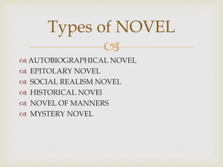 
 AUTOBIOGRAPHICAL NOVEL
 EPITOLARY NOVEL
 SOCIAL REALISM NOVEL
 HISTORICAL NOVEl
 NOVEL OF MANNERS
 MYSTERY NOVEL
Types of NOVEL
 