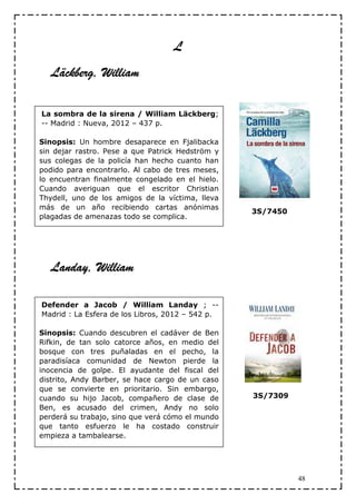 L
   Läckberg,
   Läckberg, William

La sombra de la sirena / William Läckberg;
-- Madrid : Nueva, 2012 – 437 p.

Sinopsis: Un hombre desaparece en Fjalibacka
sin dejar rastro. Pese a que Patrick Hedström y
sus colegas de la policía han hecho cuanto han
podido para encontrarlo. Al cabo de tres meses,
lo encuentran finalmente congelado en el hielo.
Cuando averiguan que el escritor Christian
Thydell, uno de los amigos de la víctima, lleva
más de un año recibiendo cartas anónimas
                                                  3S/7450
plagadas de amenazas todo se complica.




   Landay,
   Landay, William

Defender a Jacob / William Landay ; --
Madrid : La Esfera de los Libros, 2012 – 542 p.

Sinopsis: Cuando descubren el cadáver de Ben
Rifkin, de tan solo catorce años, en medio del
bosque con tres puñaladas en el pecho, la
paradisíaca comunidad de Newton pierde la
inocencia de golpe. El ayudante del fiscal del
distrito, Andy Barber, se hace cargo de un caso
que se convierte en prioritario. Sin embargo,
cuando su hijo Jacob, compañero de clase de       3S/7309
Ben, es acusado del crimen, Andy no solo
perderá su trabajo, sino que verá cómo el mundo
que tanto esfuerzo le ha costado construir
empieza a tambalearse.




                                                            48
 