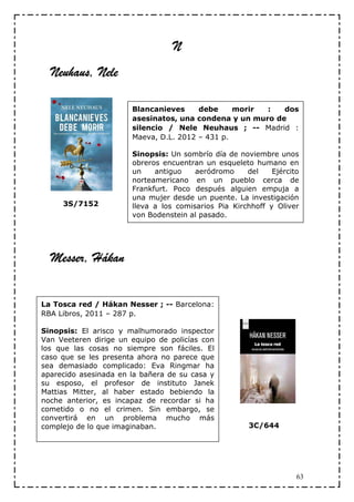 N
  Neuhaus,
  Neuhaus, Nele

                       Blancanieves     debe     morir :   dos
                       asesinatos, una condena y un muro de
                       silencio / Nele Neuhaus ; -- Madrid :
                       Maeva, D.L. 2012 – 431 p.

                       Sinopsis: Un sombrío día de noviembre unos
                       obreros encuentran un esqueleto humano en
                       un    antiguo    aeródromo     del    Ejército
                       norteamericano en un pueblo cerca de
                       Frankfurt. Poco después alguien empuja a
                       una mujer desde un puente. La investigación
     3S/7152           lleva a los comisarios Pia Kirchhoff y Oliver
                       von Bodenstein al pasado.




  Messer, Hákan


La Tosca red / Hákan Nesser ; -- Barcelona:
RBA Libros, 2011 – 287 p.

Sinopsis: El arisco y malhumorado inspector
Van Veeteren dirige un equipo de policías con
los que las cosas no siempre son fáciles. El
caso que se les presenta ahora no parece que
sea demasiado complicado: Eva Ringmar ha
aparecido asesinada en la bañera de su casa y
su esposo, el profesor de instituto Janek
Mattias Mitter, al haber estado bebiendo la
noche anterior, es incapaz de recordar si ha
cometido o no el crimen. Sin embargo, se
convertirá en un problema mucho más
complejo de lo que imaginaban.                         3C/644




                                                                    63
 