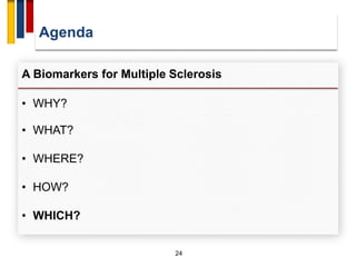 Agenda
24
A Biomarkers for Multiple Sclerosis
• WHY?
• WHAT?
• WHERE?
• HOW?
• WHICH?
 