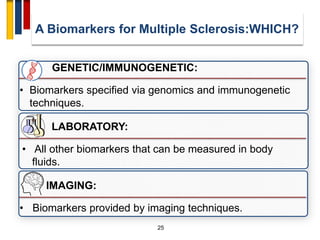 25
GENETIC/IMMUNOGENETIC:
• Biomarkers specified via genomics and immunogenetic
techniques.
LABORATORY:
• All other biomarkers that can be measured in body
fluids.
IMAGING:
• Biomarkers provided by imaging techniques.
A Biomarkers for Multiple Sclerosis:WHICH?
 