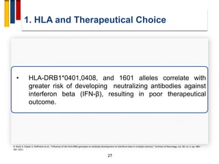 1. HLA and Therapeutical Choice
27
• HLA-DRB1*0401,0408, and 1601 alleles correlate with
greater risk of developing neutralizing antibodies against
interferon beta (IFN-β), resulting in poor therapeutical
outcome.
D. Buck, S. Cepok, S. Hoffmann et al., “Influence of the HLA-DRB1 genotype on antibody development to interferon beta in multiple sclerosis,” Archives of Neurology, vol. 68, no. 4, pp. 480–
487, 2011.
 