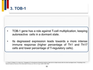 3. TOB-1
30
• TOB-1 gene has a role against T-cell multiplication, keeping
autoreactive cells in a dormant state.
• Its degreased expression leads towards a more intense
immune response (higher percentage of Th1 and Th17
cells and lower percentage of T-regulatory cells).
J. C. Corvol, D. Pelletier, R. G. Henry et al., “Abrogation of T cell quiescence characterizes patients at high risk for multiple sclerosis after the initial neurological event,” Proceedings of the
National Academy of Sciences of the United States of America, vol. 105, no. 33, pp. 11839–11844, 2008.
 