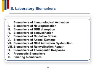 33
I. Biomarkers of Immunological Activation
II. Biomarkers of Neuroprotection
III. Biomarkers of BBB disruption
IV. Biomarkers of demyelination
V. Biomarkers of Oxidative Stress
VI. Biomarkers of Axonal Damage
VII. Biomarkers of Glial Activation Dysfunction
VIII. Biomarkers of Remyelination Repair
IX. Biomarkers of Therapeutic Response
X. Prognostic Biomarkers
XI. Emering biomarkers
B. Laboratory Biomarkers
 