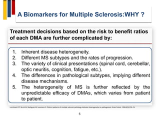 5
Treatment decisions based on the risk to benefit ratios
of each DMA are further complicated by:
1. Inherent disease heterogeneity.
2. Different MS subtypes and the rates of progression.
3. The variety of clinical presentations (spinal cord, cerebellar,
optic neuritis, cognition, fatigue, etc.).
4. The differences in pathological subtypes, implying different
disease mechanisms.
5. The heterogeneity of MS is further reflected by the
unpredictable efficacy of DMAs, which varies from patient
to patient.
Lucchinetti CF, Bruck W, Rodriguez M, Lassmann H. Distinct patterns of multiple sclerosis pathology indicates heterogeneity on pathogenesis. Brain Pathol. 1996;6(3):259–74.
A Biomarkers for Multiple Sclerosis:WHY ?
 