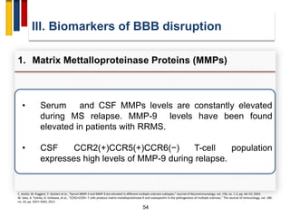 54
• Serum and CSF MMPs levels are constantly elevated
during MS relapse. MMP-9 levels have been found
elevated in patients with RRMS.
• CSF CCR2(+)CCR5(+)CCR6(−) T-cell population
expresses high levels of MMP-9 during relapse.
III. Biomarkers of BBB disruption
1. Matrix Mettalloproteinase Proteins (MMPs)
C. Avolio, M. Ruggieri, F. Giuliani et al., “Serum MMP-2 and MMP-9 are elevated in different multiple sclerosis subtypes,” Journal of Neuroimmunology, vol. 136, no. 1-2, pp. 46–53, 2003.
W. Sato, A. Tomita, D. Ichikawa, et al., “CCR2+CCR5+ T cells produce matrix metalloproteinase-9 and osteopontin in the pathogenesis of multiple sclerosis,” The Journal of Immunology, vol. 189,
no. 10, pp. 5057–5065, 2012.
 