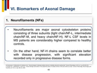 65
• Neurofilaments are major axonal cytoskeleton proteins
consisting of three subunits (light chain/NF-L, intermediate
chain/NF-M, and heavy chain/NF-H). NF-L CSF levels in
MS patients are considerably higher compared to healthy
controls.
• On the other hand, NF-H chains seem to correlate better
with disease progression, with significant elevation
recorded only in progressive disease forms.
VI. Biomarkers of Axonal Damage
1. Neurofilaments (NFs)
M. Gunnarsson, C. Malmeström, M. Axelsson et al., “Axonal damage in relapsing multiple sclerosis is markedly reduced by natalizumab,” Annals of Neurology, vol. 69, no. 1, pp. 83–89, 2011.
A. Petzold, M. J. Eikelenboom, G. Keir et al., “Axonal damage accumulates in the progressive phase of multiple sclerosis: three year follow up study,” Journal of Neurology, Neurosurgery and
Psychiatry, vol. 76, no. 2, pp. 206–211, 2005.
 