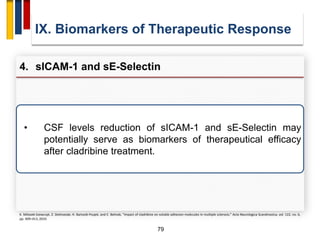 79
IX. Biomarkers of Therapeutic Response
4. sICAM-1 and sE-Selectin
K. Mitosek-Szewczyk, Z. Stelmasiak, H. Bartosik-Psujek, and E. Belniak, “Impact of cladribine on soluble adhesion molecules in multiple sclerosis,” Acta Neurologica Scandinavica, vol. 122, no. 6,
pp. 409–413, 2010.
• CSF levels reduction of sICAM-1 and sE-Selectin may
potentially serve as biomarkers of therapeutical efficacy
after cladribine treatment.
 