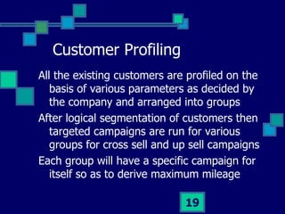 Customer Profiling <ul><li>All the existing customers are profiled on the basis of various parameters as decided by the co...