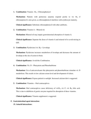 1. Combination: Vitamin - B12 - Chloramphenicol
Mechanism: Patients with pernicious anaemia respond poorly to vit. B12 if
chlorampinicol is also given, as chloramphenicol interferes with erythrocyte maturity.
Clinical significance: Substitute chloramphenicol with other antibiotic.
2. Combination: Vitamin A – Mineral oil.
Mechanism: Mineral oil may impair gastrointestinal absorption of vitamin A.
Clinical significance: Separate the doses of vitamin A and mineral oil to avoid mixing in
GIT.
3. Combination: Pyridoxine (vit. B6) - Levodopa
Mechanism: Pyridoxine increases metabolism of levodopa and decreases the amount of
levodopa at the site of action in brain.
Clinical significance: Avoid this Combination.
4. Combination: Vit. D – Phenyntoin and Phenobarbitone
Mechanism: Use of anticonvulsants like phenyntoin and phenobarbitone stimulate vit. D
metabolism. This results in low calcium serum level and development of rickets.
Clinical significance: Expose patient to sunlight. Increased calcium diet is suggested.
5. Combination: Vitamins – Oral contraceptives
Mechanism: Oral contraceptives cause deficiency of vit.B12, vit. C, vit. B6, folic acid.
This is due to inhibition of gastric enzyme required for absorption of these vitamins.
Clinical significance: Vitamin supplement is suggested.
F. Gastrointestinal agent interaction:
15. Antacid interactions:
 