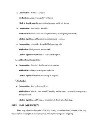 a. Combination: Aspirin – Antacids
Mechanism: Antacid reduces GIT irritation.
Clinical significance: Better aspirin absorption and less irritation
b. Combination: Bisacody1 – Antacids
Mechanism: Enteric coated Bisacody1 tablet may disintegrate prematurely.
Clinical significance: May result in irritation and vomiting.
c. Combination: Isoniazid – Antacid (Alu-hydroxide gel)
Mechanism:Alu-hydroxide adsorbs INH.
Clinical significance: Decreased isoniazid absorption.
16. Antidiarrhoeal interactions:
a. Combination: Digoxin – Kaolin and pectin mixture.
Mechanism: Adsorption of digoxin by kaolin
Clinical significance: Poor availability of diagoxin
17. Cathartics
a. Combination: Slowly absorbed drugs
Mechanism: Cathartics increases GIT motility and increases rate at which drug passes
through the GIT.
Clinical significance: Decreased absorption of slowly absorbed drug.
DRUG - FOOD INTERACTION
Food may affect the absorption of the drug. It may be attributed to (i) dilution of the drug
(ii) adsorption or complexation of drug or (iii) the alteration of gastric emptying.
 