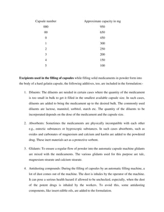Capsule number Approximate capacity in mg
000 950
00 650
0 450
1 300
2 250
3 200
4 150
5 100
Excipients used in the filling of capsules while filling solid medicaments in powder form into
the body of a hard gelatin capsule, the following additives, too, are included in the formulation:-
1. Diluents: The diluents are needed in certain cases where the quantity of the medicament
is too small in bulk to get it filled in the smallest available capsule size. In such cases,
diluents are added to bring the medicament up to the desired bulk. The commonly used
diluents are lactose, mannitol, sorbitol, starch etc. The quantity of the diluents to be
incorporated depends on the dose of the medicament and the capsule size.
2. Absorbents: Sometimes the medicaments are physically incompatible with each other
e.g., eutectic substances or hygroscopic substances. In such cases absorbents, such as
oxides and carbonates of magnesium and calcium and kaolin are added to the powdered
drug. These inert materials act as a protective sorbent.
3. Glidants: To ensure a regular flow of powder into the automatic capsule machine glidants
are mixed with the medicaments. The various glidants used for this purpose are talc,
magnesium stearate and calcium stearate.
4. Antidusting compounds: During the filling of capsules by an automatic filling machine, a
lot of dust comes out of the machine. The dust is inhales by the operator of the machine.
It can pose a serious health hazard if allowed to be unchecked, especially, when the dust
of the potent drugs is inhaled by the workers. To avoid this, some antidusting
components, like insert edible oils, are added to the formulation.
 