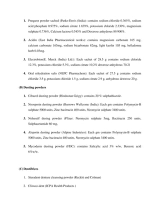 1. Prequest powder sached (Parke-Davis (India): contains sodium chloride 0.365%, sodium
acid phosphate 0.975%, sodium citrate 1.839%, potassium chloride 2.330%, magnesium
sulphate 0.736%, Calcium lactose 0.545% and Dextrose anhydrous 89.900%.
2. Acidin (East India Pharmaceutical works): contains magnesium carbonate 165 mg,
calcium carbonate 165mg, sodium bicarbonate 82mg, light kaolin 105 mg, belladonna
herb 0.03mg.
3. Electrobion(E. Merck (India) Ltd.): Each sachet of 28.5 g contains sodium chloride
12.3%, potassium chloride 5.3%, sodium citrate 10.2% dextrose anhydrous 70.21
4. Oral rehydration salts (NEPC Pharmachem): Each sachet of 27.5 g contains sodium
chloride 3.5 g, potassium chloride 1.5 g, sodium citrate 2.9 g, anhydrous dextrose 20 g.
(B) Dusting powders
1. Cibazol dusting powder (Hindustan Geigy): contains 20 % sulphathiazole.
2. Neosporin dusting powder (Burrows Wellcome (India): Each gm contains Polymyxin-B
sulphate 5000 units, Zinc bacitracin 400 units, Neomycin sulphate 3400 units.
3. Nebasulf dusing powder (Pfizer: Neomycin sulphate 5mg, Bacitracin 250 units,
Sulphacetamide 60 mg,
4. Alsporin dusting powder (Alpine Industries): Each gm contains Polymyxin-B sulphate
5000 units, Zinc bacitracin 400 units, Neomycin sulphate 3400 units.
5. Mycoderm dusting powder (FDC): contains Salicylic acid 3% w/w, Benzoic acid
6%w/w.
(C)Dentifrices
1. Steradent denture cleansing powder (Reckitt and Colman)
2. Clinsco-dent (ICPA Health Products )
 