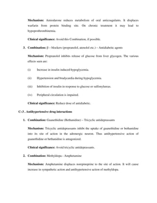 Mechanism: Amiodarone reduces metabolism of oral anticoagulants. It displaces
warfarin from protein binding site. On chronic treatment it may lead to
hypoprothrombinemia.
Clinical significance: Avoid this Combination, if possible.
3. Combination: β – blockers (propranolol, atenolol etc.) – Antidiabeitc agents
Mechanism: Propranolol inhibits release of glucose from liver glycogen. The various
effects seen are:
(i) Increase in insulin induced hypoglycemia.
(ii) Hypertension and bradycardia during hypoglycemia.
(iii) Inhibition of insulin in response to glucose or sulfonylureas.
(iv) Peripheral circulation is impaired.
Clinical significance: Reduce dose of antidiabetic.
C–3 . Antihypertensive drug interactions
1. Combination: Guanethidine (Bethanidine) – Tricyclic antideprassants
Mechanism: Tricyclic antideprassants inhibt the uptake of guanethidine or bethanidine
into its site of action in the adrenergic neuron. Thus antihypertensive action of
guanethidine or bethanidine is antagonized.
Clinical significance: Avoid tricyclic antideprassants.
2. Combination: Methyldopa - Amphetamine
Mechanism: Amphetamine displaces norepineprine to the site of action. It will cause
increase in sympathetic action and antihypertensive action of methyldopa.
 
