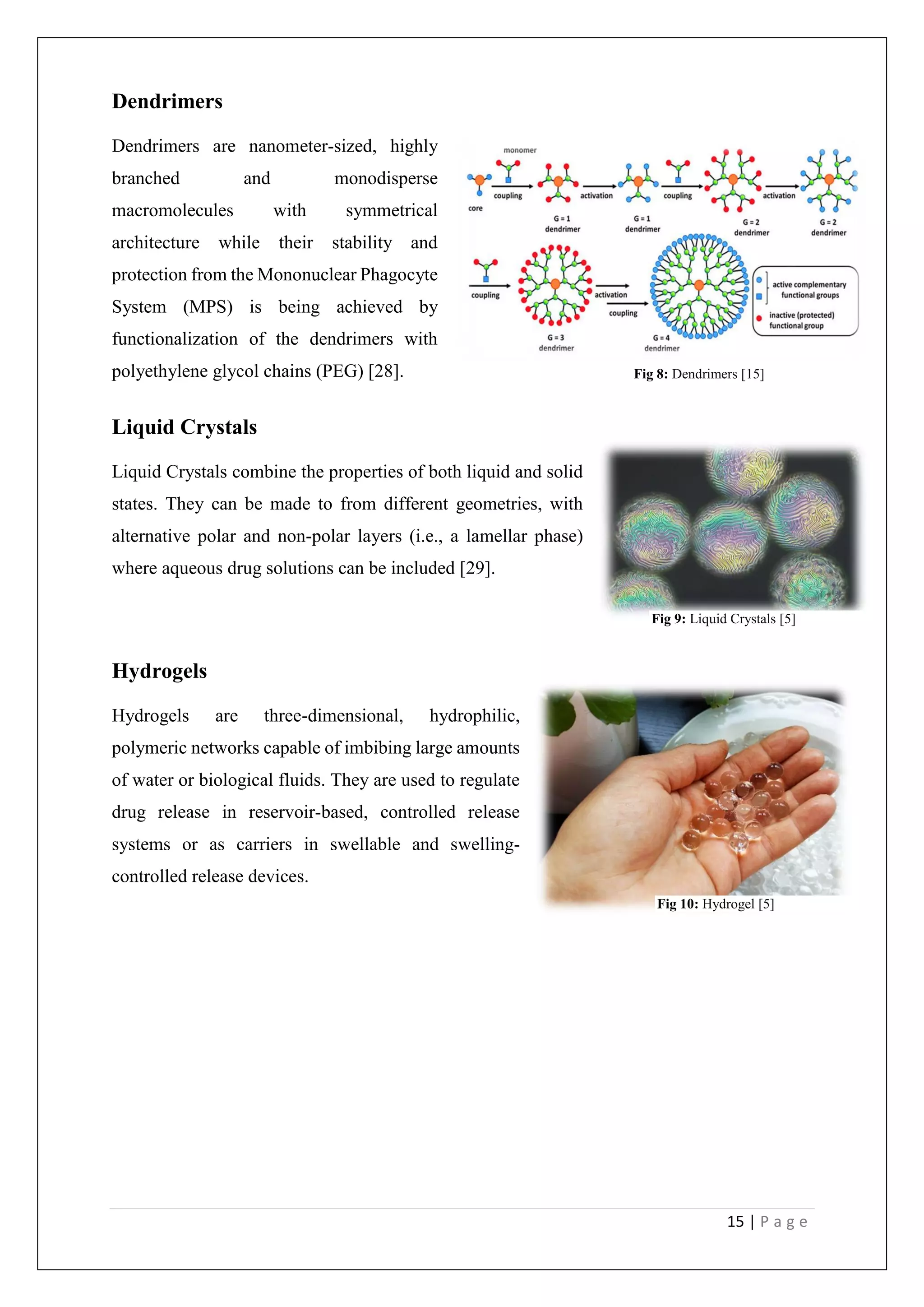 15 | P a g e
Dendrimers
Dendrimers are nanometer-sized, highly
branched and monodisperse
macromolecules with symmetrical
architecture while their stability and
protection from the Mononuclear Phagocyte
System (MPS) is being achieved by
functionalization of the dendrimers with
polyethylene glycol chains (PEG) [28].
Liquid Crystals
Liquid Crystals combine the properties of both liquid and solid
states. They can be made to from different geometries, with
alternative polar and non-polar layers (i.e., a lamellar phase)
where aqueous drug solutions can be included [29].
Hydrogels
Hydrogels are three-dimensional, hydrophilic,
polymeric networks capable of imbibing large amounts
of water or biological fluids. They are used to regulate
drug release in reservoir-based, controlled release
systems or as carriers in swellable and swelling-
controlled release devices.
Fig 8: Dendrimers [15]
Fig 9: Liquid Crystals [5]
Fig 10: Hydrogel [5]
 