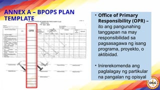 ANNEX A – BPOPS PLAN
TEMPLATE
• Office of Primary
Responsibility (OPR) –
ito ang pangunahing
tanggapan na may
responsibilidad sa
pagsasagawa ng isang
programa, proyekto, o
aktibidad.
• Inirerekomenda ang
paglalagay ng partikular
na pangalan ng opisyal
 