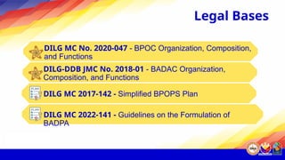 DILG MC No. 2020-047 - BPOC Organization, Composition,
and Functions
Legal Bases
DILG-DDB JMC No. 2018-01 - BADAC Organization,
Composition, and Functions
DILG MC 2017-142 - Simplified BPOPS Plan
DILG MC 2022-141 - Guidelines on the Formulation of
BADPA
 