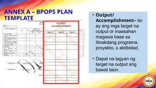 ANNEX A – BPOPS PLAN
TEMPLATE
• Output/
Accomplishment– ito
ay ang mga target na
output or inaasahan
magawa base sa
itinakdang programa,
proyekto, o aktibidad.
• Dapat na lagyan ng
target na output ang
bawat taon.
 