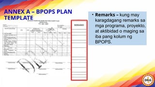 ANNEX A – BPOPS PLAN
TEMPLATE
• Remarks – kung may
karagdagang remarks sa
mga programa, proyekto,
at aktibidad o maging sa
iba pang kolum ng
BPOPS.
 