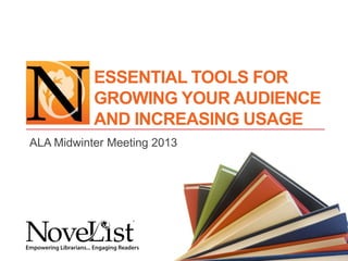ESSENTIAL TOOLS FOR
           GROWING YOUR AUDIENCE
           AND INCREASING USAGE
ALA Midwinter Meeting 2013
 