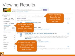 Viewing Results
View matching
Books, Series,
Author, Lists &
Articles
Refine your results.
These limiters
always remain the
same.
Narrow Results. These
limiters change
depending on your
search terms.
 