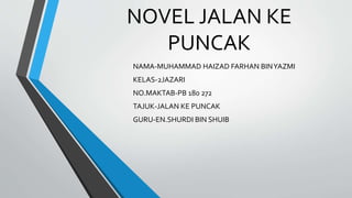 NOVEL JALAN KE
PUNCAK
NAMA-MUHAMMAD HAIZAD FARHAN BINYAZMI
KELAS-2JAZARI
NO.MAKTAB-PB 180 272
TAJUK-JALAN KE PUNCAK
GURU-EN.SHURDI BIN SHUIB
 