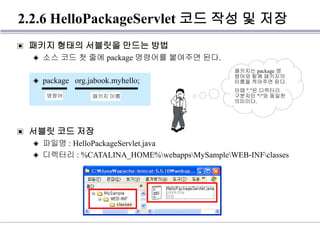 2.2.6 HelloPackageServlet 코드 작성 및 저장
▣ 패키지 형태의 서블릿을 만드는 방법
◈ 소스 코드 첫 줄에 package 명령어를 붙여주면 된다.
◈ package org.jabook.myhello;
▣ 서블릿 코드 저장
◈ 파일명 : HelloPackageServlet.java
◈ 디렉터리 : %CATALINA_HOME%webappsMySampleWEB-INFclasses
명령어 패키지 이름
패키지는 package 명
령어와 함께 패키지의
이름을 적어주면 된다.
이때 "."은 디렉터리
구분자인 ""와 동일한
의미이다.
 